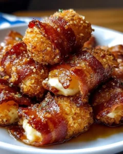 Crispy bacon mozzarella poppers with sweet maple glaze served on a plate