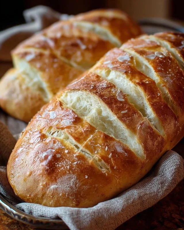 Freshly baked crusty Italian bread loaf on a wooden table