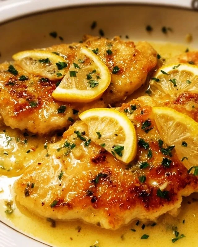 Plate of easy Chicken Francese garnished with lemon and parsley