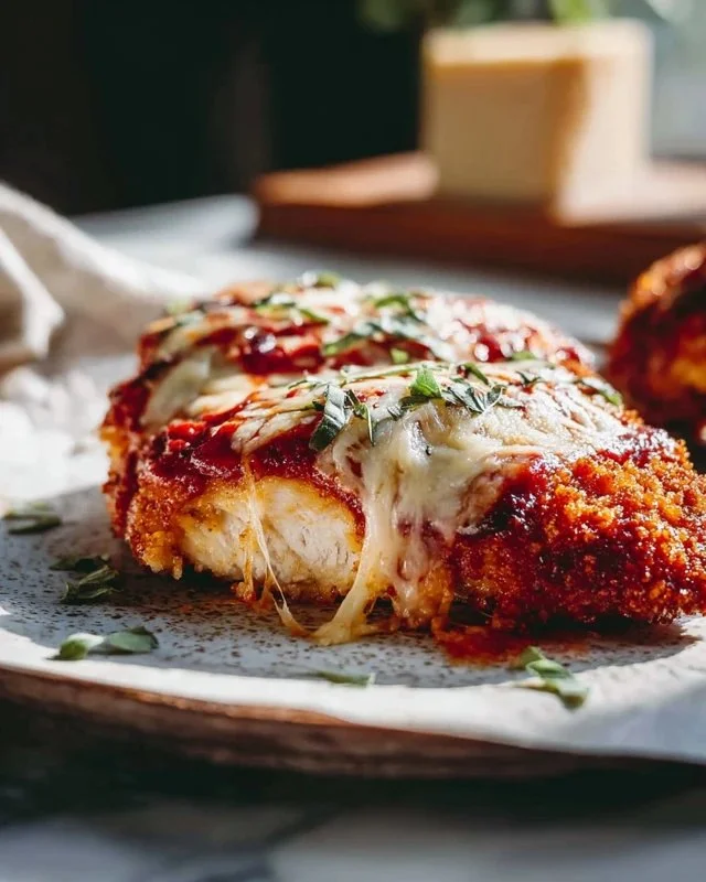 Delicious easy chicken parmesan served with pasta and fresh basil