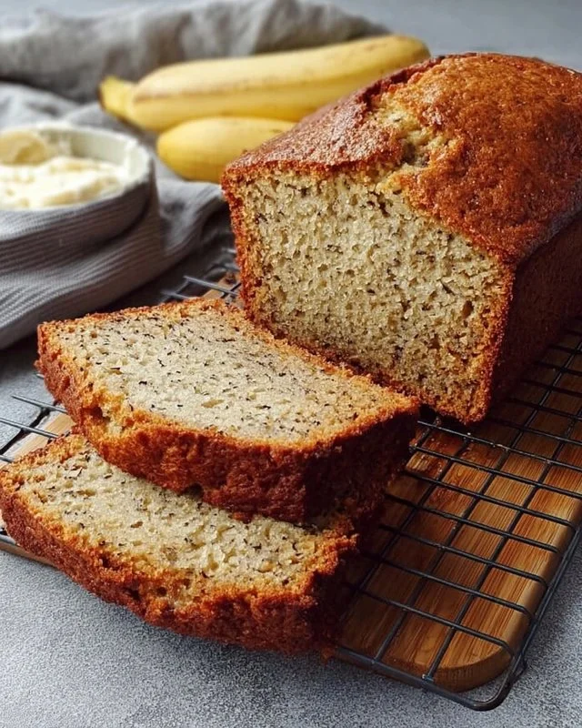 Slice of easy moist banana bread with ripe bananas on a wooden cutting board