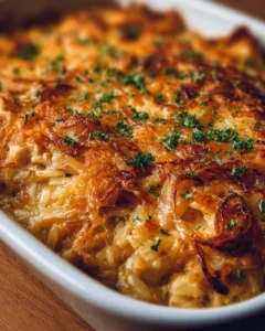 French Onion Chicken Orzo Casserole served in a baking dish with melted cheese