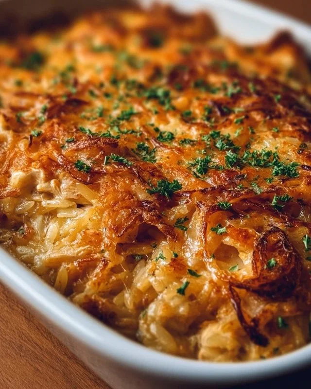French Onion Chicken Orzo Casserole