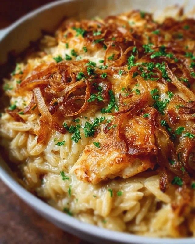 French Onion Chicken Orzo Casserole