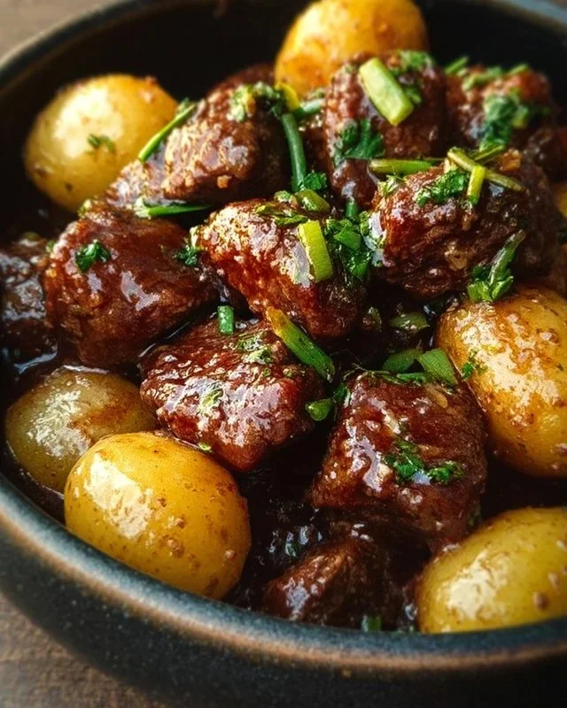 Delicious Garlic Butter Beef Bites served with golden potatoes