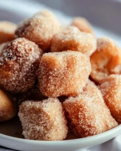 Healthy air fryer churro bites drizzled with cinnamon and sugar.