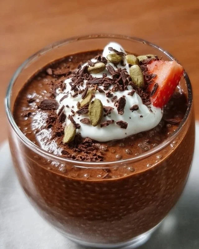 Delicious high protein chocolate chia seed pudding in a bowl topped with berries