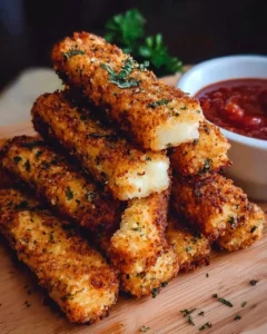 Irresistible crispy homemade mozzarella sticks served with marinara sauce