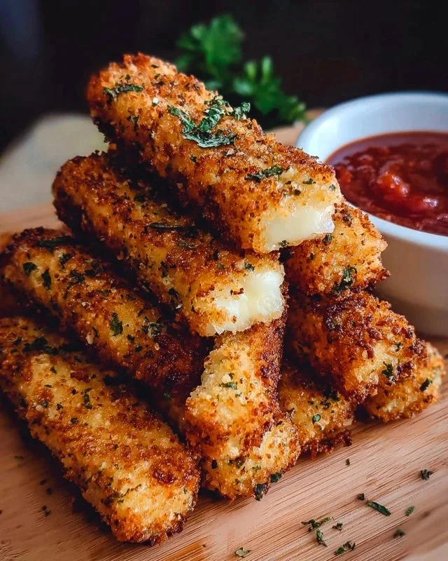 Irresistible crispy homemade mozzarella sticks served with marinara sauce