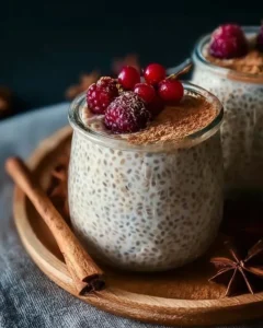 Delicious vanilla cinnamon chia pudding topped with fresh fruit