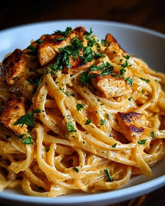 Delicious Cowboy Butter Chicken Linguine served elegantly in a bowl.