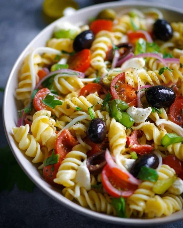 Italian Antipasto Pasta Salad with colorful vegetables and pasta in a bowl
