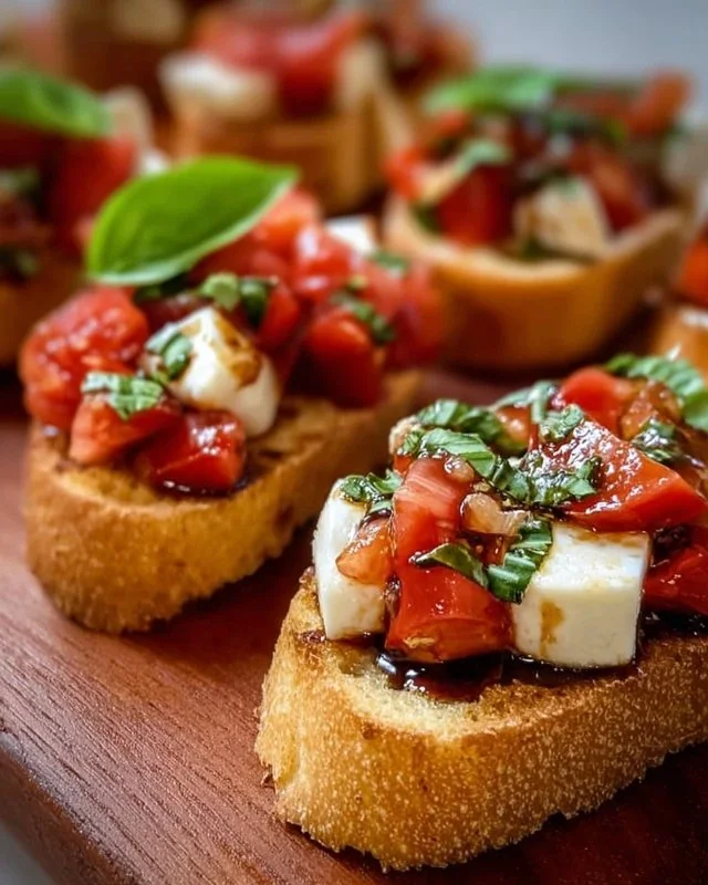 Italian Bruschetta topped with fresh mozzarella and tomatoes