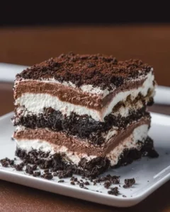 Delicious Oreo Lasagna dessert with layers of cream and chocolate