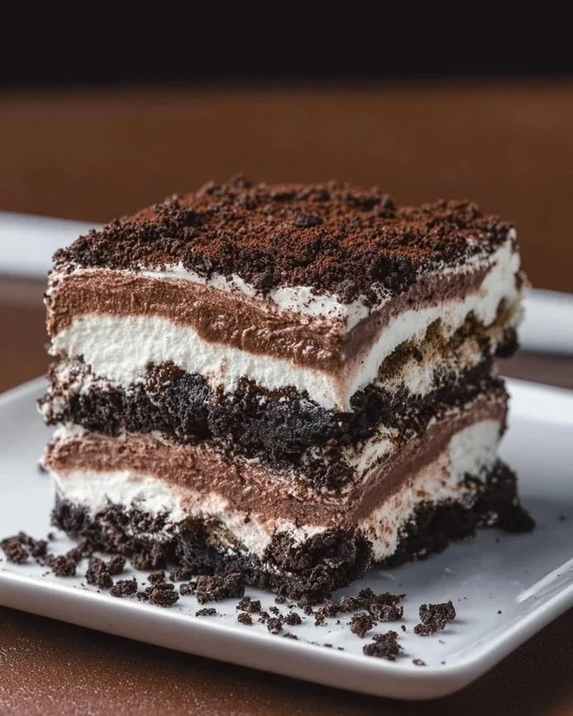 Delicious Oreo Lasagna dessert with layers of cream and chocolate