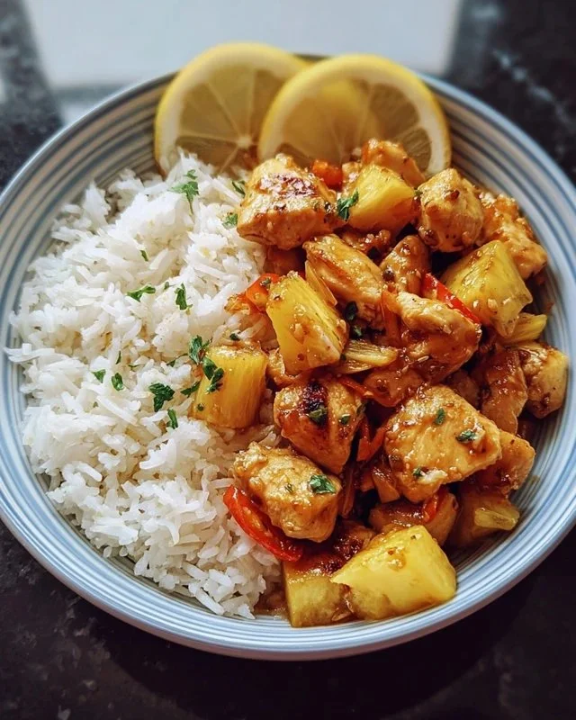 Delicious Pineapple Chicken served with rice, showcasing a sweet and savory dish.