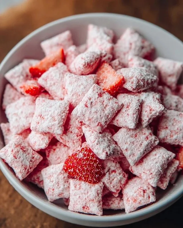 Quick Strawberry Shortcake Puppy Chow dessert in a bowl with strawberries and whipped cream.