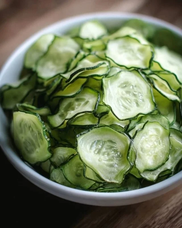 Plate of salt and vinegar cucumber chips for a healthy snack