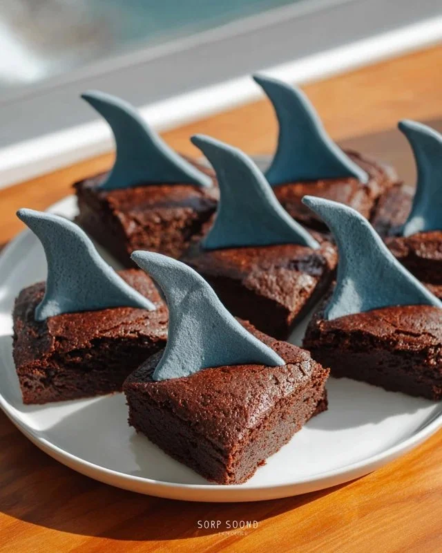 Delicious Shark Fin Brownies served on a plate, ready to enjoy.