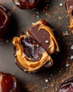 Smashed dates topped with peanut butter and drizzled with chocolate