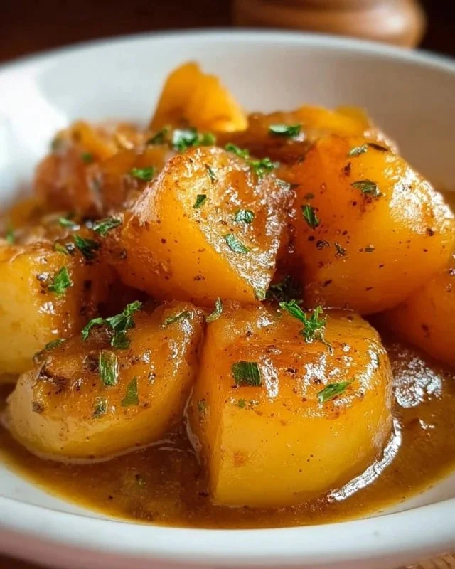 Bowl of Southern stewed potatoes simmering in a savory broth.