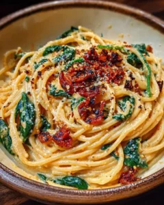 Spaghetti spinach with sun-dried tomato cream sauce on a plate
