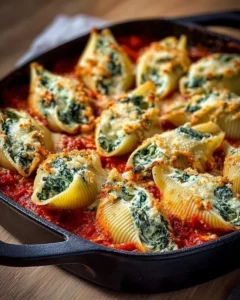 Delicious spinach and ricotta stuffed shells drizzled with marinara sauce.