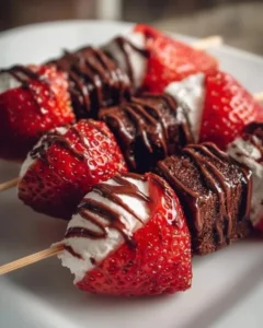Strawberry brownie kabobs featuring fresh strawberries and chocolate brownies on skewers.