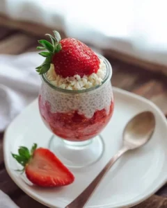 Delicious strawberry shortcake chia pudding in a bowl with fresh strawberries on top.