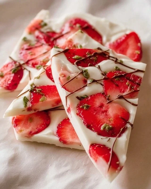 Homemade strawberry yogurt bark topped with fresh strawberries and yogurt