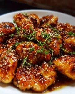 Delicious honey garlic chicken dish garnished with fresh herbs and served on a plate.